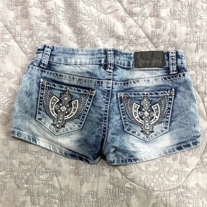 Soundgirl size 5 cross with wings blue jean shorts.